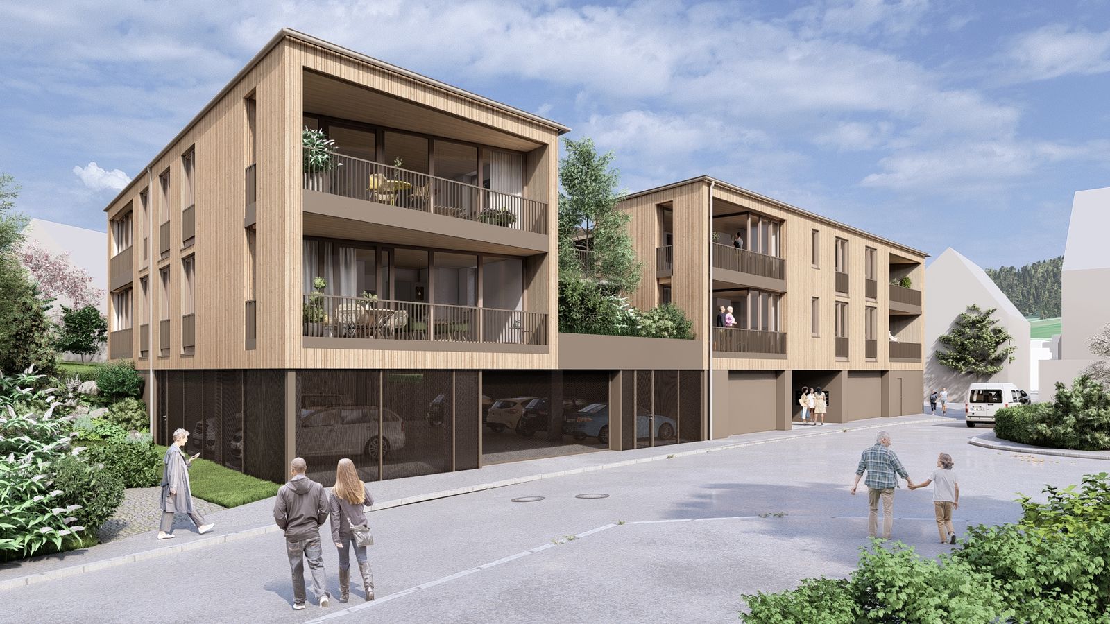 Außenansicht des Neubaus mit Holzfassade, Loggien und Tiefgarage